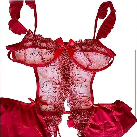 Red Lace One Piece Lingerie W/ Bows & Embroidery  NEW - Picture 2 of 6